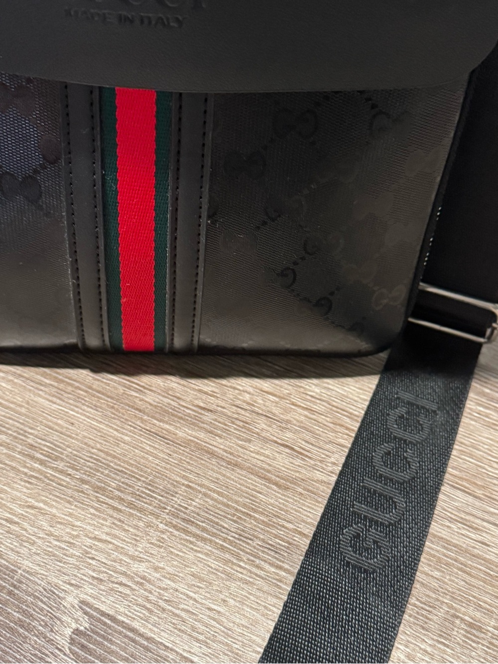 Gucci Black Leather Messenger Bag with Signature Red-Green Stripe - Picture 5 of 7